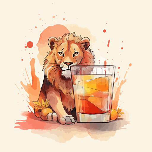 Lion, Sipping a Cocktail, Watercolor, Relaxed, Warm Lighting, Comic vector illustration style, flat design, minimalist logo, minimalist icon, flat icon, adobe illustrator, cute, Simple
