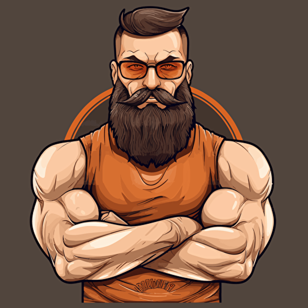 a logo of a big guy with a nice beard with buff arms wearing glasses, svg, vector art, digital illustration