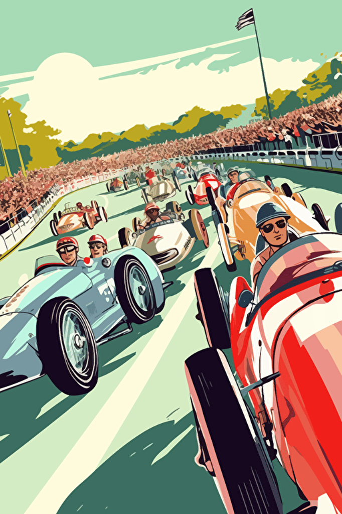 modern poster cartoon style, 1950's racing event, speed, flags, spectators, summer, vector art, light colours,