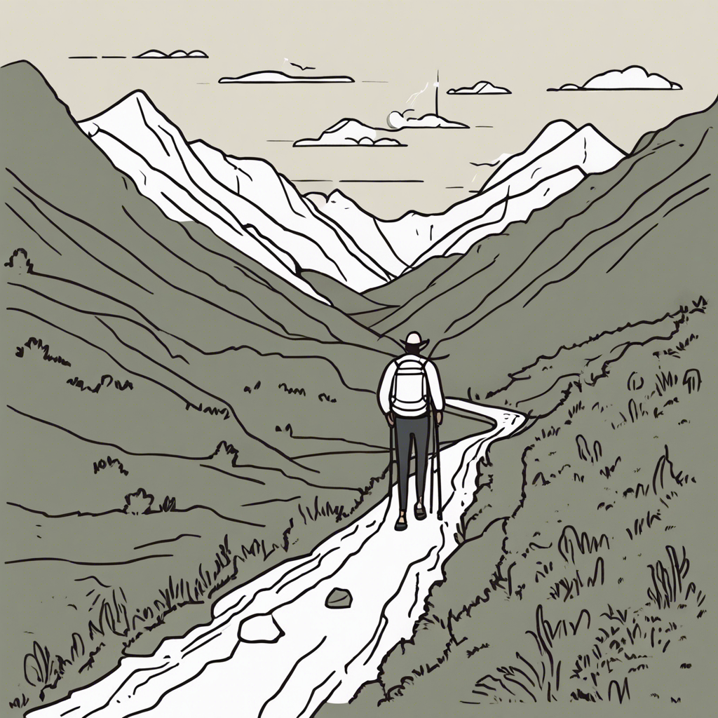 a man hiking, illustration in the style of Matt Blease, illustration, flat, simple, vector