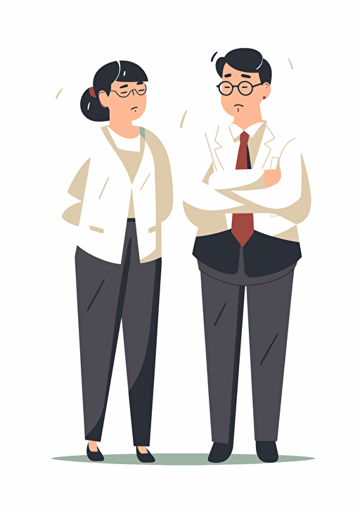Two middle-aged South Korean office workers, one smiling and looking at another with an angry expression, dry and neat, white background, Artsy flat vector illustration