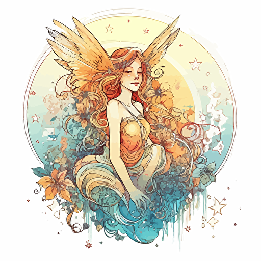 a beautiful ethereal celestial fairy with a surrounding star design in detailed drawing style + simple vector + bright colors on a white background