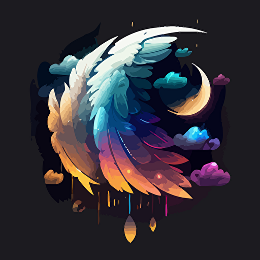 Close up image of the moon, lighting, vector image, 3 colors, wings, clouds, rain,Shockwave,logostron