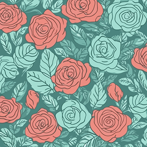 Roses and leaves in minimalistic style, fabric print in vibrant christmas themed colors vector pattern light mint color background