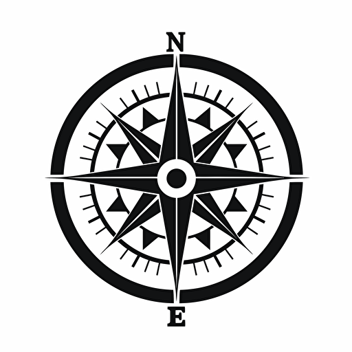 a simple Black on white logo of a compass inside of a circle, Flat vector logo