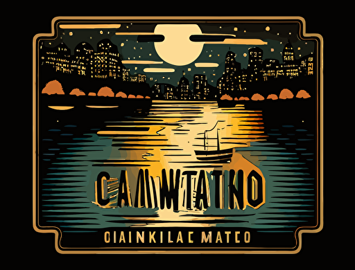 vector image, illustration, logo style, nighttime lake in Oakland California , in the style of text and emoji installations, the san francisco renaissance., stockphoto, iconic civil rights imagery, spot metering, glowing lights, vancouver school