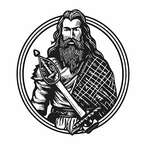 william wallace scotish warrior in kilt vector art drawing, tick outline, logo, isolated on white background