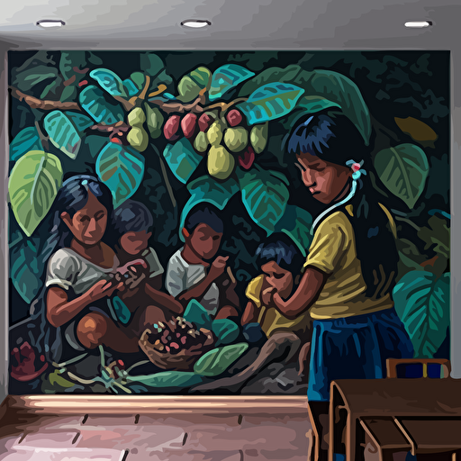 pintura mural, con niños amazonicos cosechando uvas en un parral , en vectores , pintura indigenista, gran angulo, con luz natural