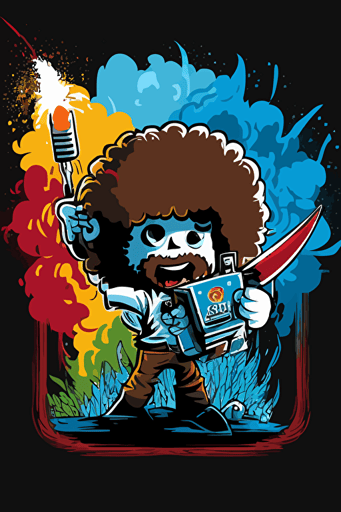 Bob Ross as a Mech with a giant paint brush shooting paint, vector art style, vibrant