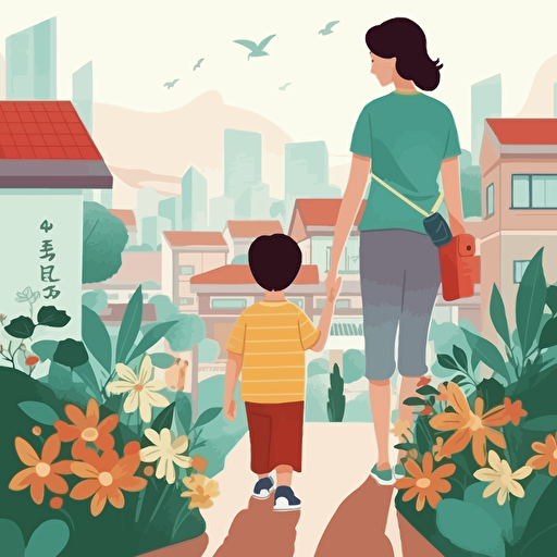 Chinese illustration, Mother's day poster, flat illustration, a little boy is holding flowers behind his back and ready to give it to his mother, the boy is wearing short sleeves and shorts, the mother is wearing a short sleeve skirt, smiling and looking into the distance, the flowers and green leaves in the foreground are very bright, flowers, the road , there are houses in the middle ground, blue sky and white clouds in the background, bright colors, high saturation, outline light, glare, blue tone, warm and bright, colorful, Al vector illustration, high quality, illustration, high definition
