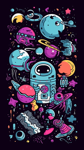 beautiful art expression in vector art, space themed, cartoon style, objects with a black stroke, beautiful colors, pastel and neon background