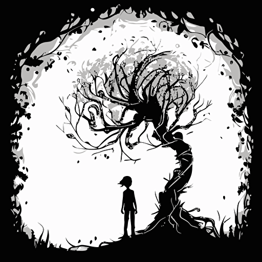 Tall and skinny tree, with branches that twisted and turned in every direction. Black and White vector illustration. Also a little boy looking up at the tree. Cheerful image with magical fruit around.