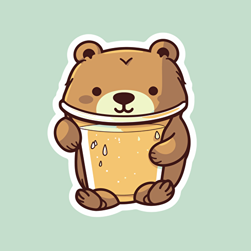 Cute bear Die-cut sticker with a milk tea in hand, color background, illustration minimalism, vector, pastel colors