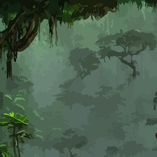 deep mayan jungle forest realm biodiversity scrolling 2d platformer game level swirling clouds magical mist trees ancient forbidden temple ruins tre background tree trunks dramatic dusk sun illuminates areas volumetric light detailed entangled roots carpet forest floor rich color upscale 8k