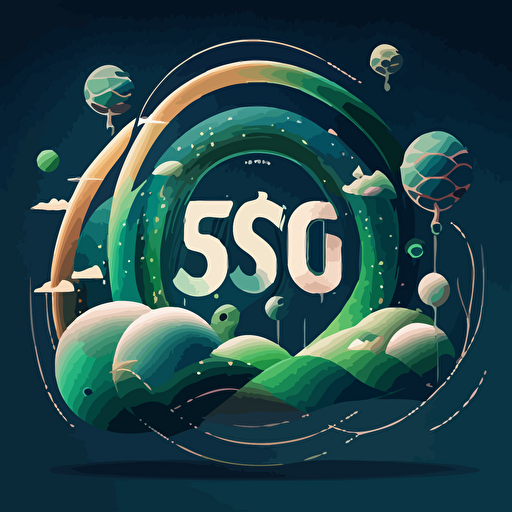 the text 5G NTN JOURNEY in vector format with connected energy balls and small swirls between them on an outer space blueish green field of stars