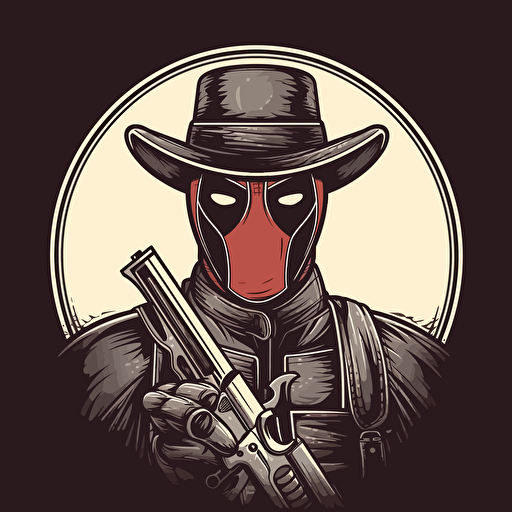 western style vector logo of deadpool holding two guns , black and white, monochromatic, flat,