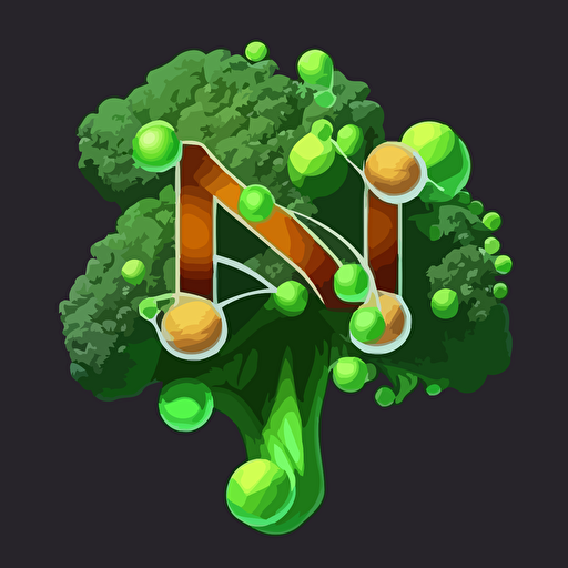 brocoli with four electrons orbiting around, the letters N and S in front and intertwine, logo, vector, minimal, flat, no background
