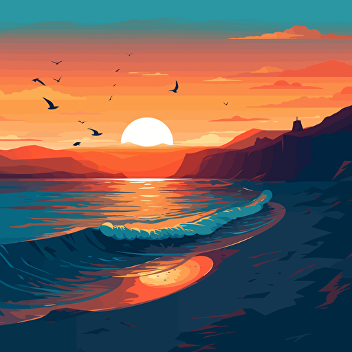 create vector landscape with beach and sunset using only this colors #9c84f8, #fbe4a7, #040404, #ffffff