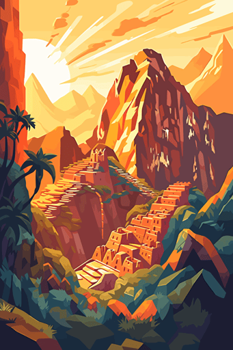 machu picchu, illustration, painting, bright lighting, sun in sky, flat,vector