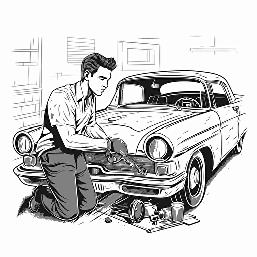 a guy working in his garage on restoring a classic car, black and white design, vector isolated on white