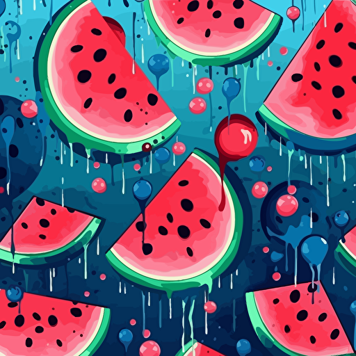 watermelon bath illustration, epic composition, 2d vector, blues and pinks, seamless pattern
