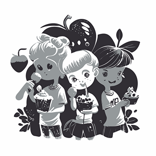 black and white vector illustration of two boys and one girl eating magical fruits