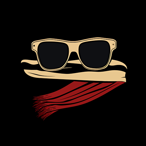Minimalistic vector logo. Black background, 35mm camera in front of red ray ban sunglasses and a beige scarf.