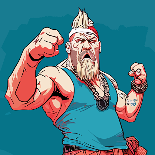 raving techno viking jacked with blonde hair and beard pointing with his finger wearing cargo pants, gta style drawing, vector art, hd, details