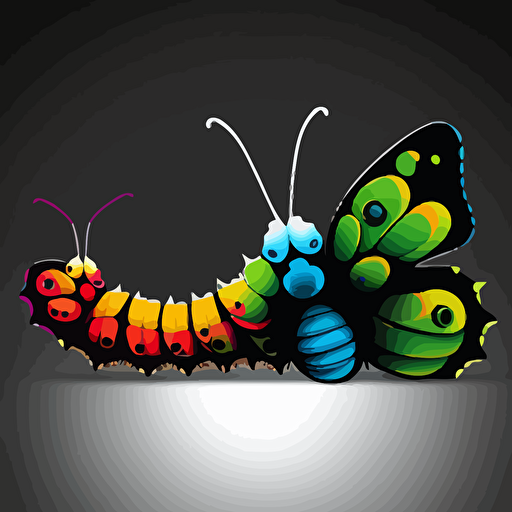black and white catterpillar transforms to colorful butterfly vector simple drawing