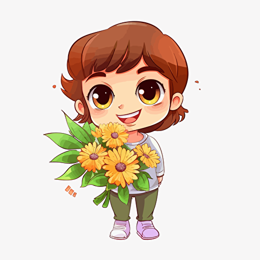 cute with flowers, detailed, cartoon style, 2d clipart vector, creative and imaginative, hd, white background