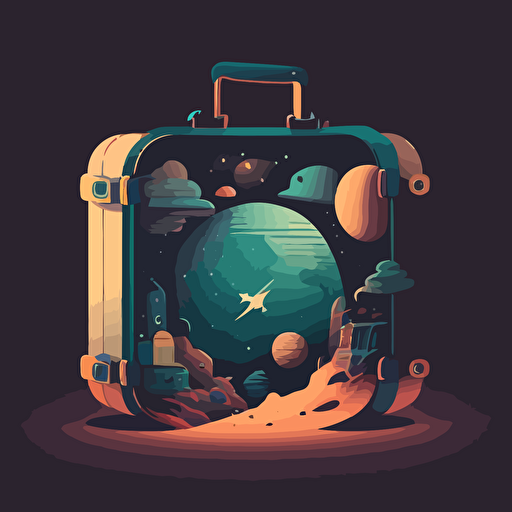 an illustrated space scene with a briefcase floating in the middle. Vector. Moody.