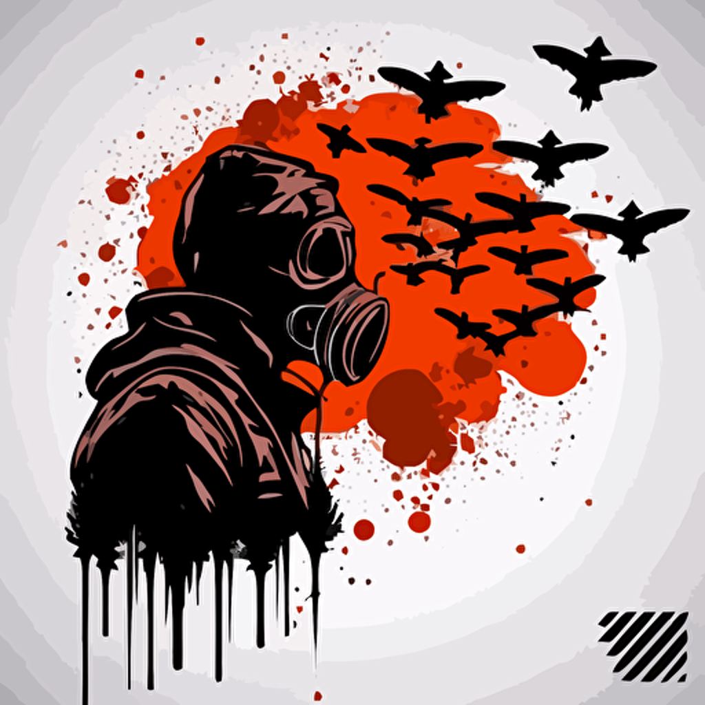 biohazard symbols raining down from the sky with a gas mask at the center, vector logo style