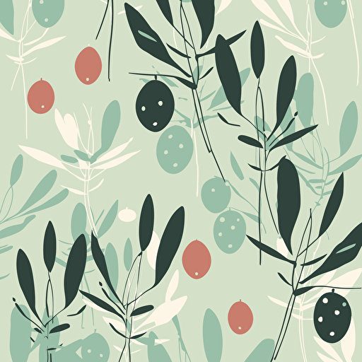 Olives and olive plant in minimalistic style, fabric print in vibrant christmas themed colors vector pattern light mint color background