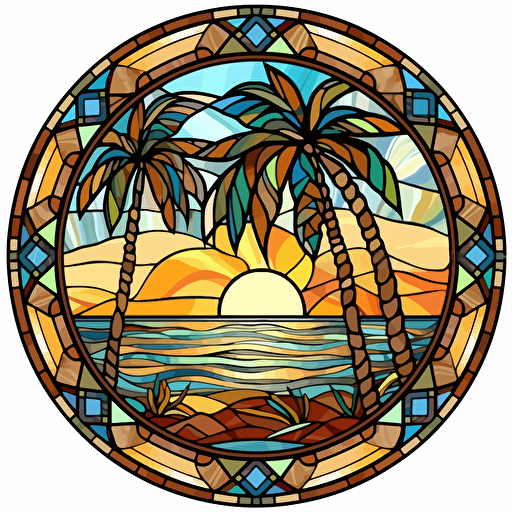 stained glass palm trees, surrounded by beach motifs in a circluar shape, vector design on the edges of the image