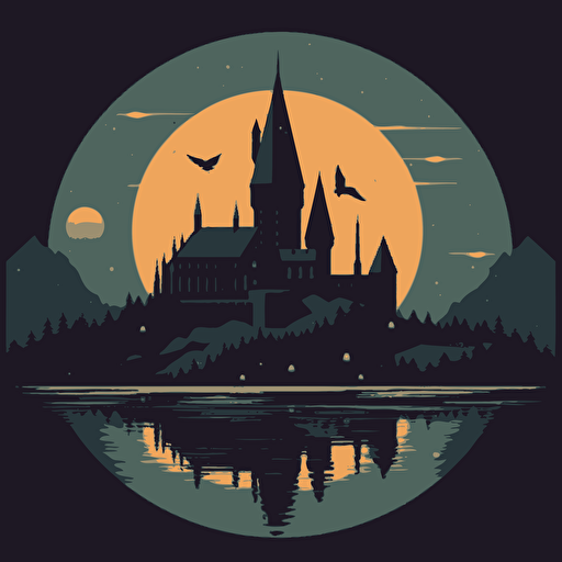 harry potter hogwarts, alternative mondo movie poster, silhouette, minimal illustration, vector art, dkng style, 5 retro colours