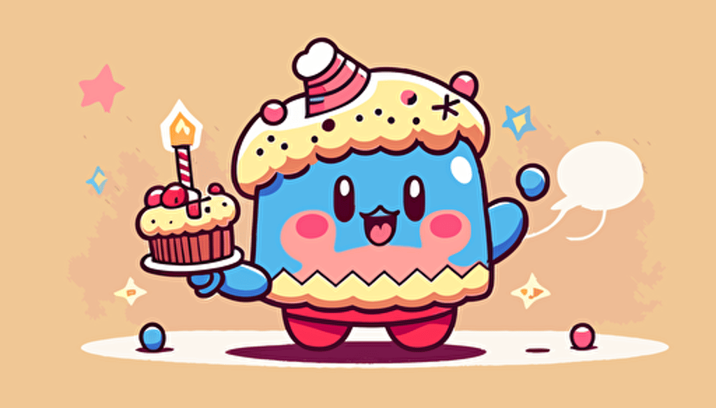 kirby wearing a birthday hat, holding a birthday cake, vector art, flat backgound,