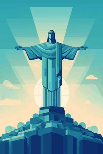 front view of Christ the redeemer, blue sky, vector design, minimalist, flat