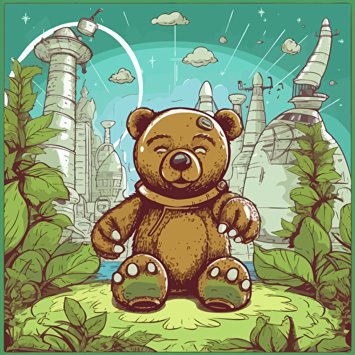 futuristic teddy bear smoking marijuana that is wrapped in a hemp leaf with a edible factory in the background, marijuana plants in the background, candy machines, vector art,