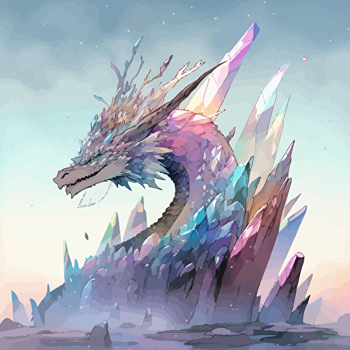 an enormous chromatic rainbow crystal dragon is looking at the viewer menacingly, asymmetrical background of burning forests and distant mountains, a sky full of stars, the milky way, detailed, style of bruce weber, frank frazetta, travis charest, moebius, granblue fantasy, vector, watercolors, oilpaints style, colored inks style