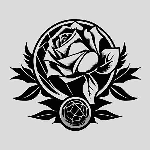 black and white vector soccer team logo, with rose and a soccer ball, simple