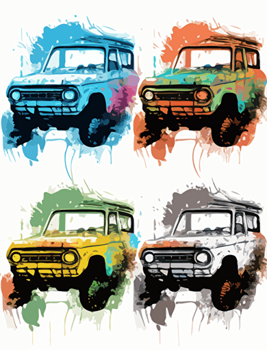 4x4 car, clip art, vector image, grunge elements, white background, only ten colors