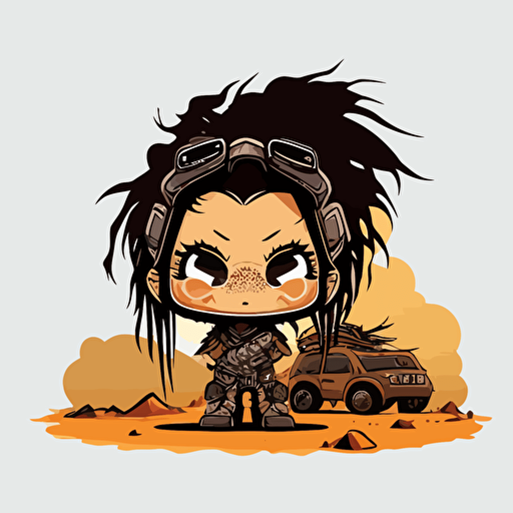 cute post apocalyptic girl, mad max, full wasteland background, chibi style, vector art, sticker