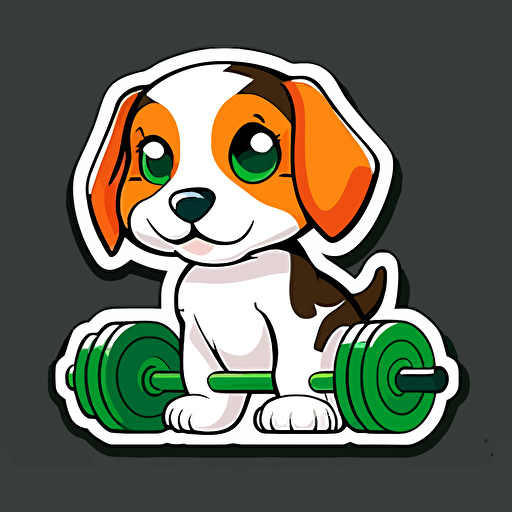 vector happy beagle puppy sitting next to a dumbell sticker+ white background + vibrant green and orange+ cartoon