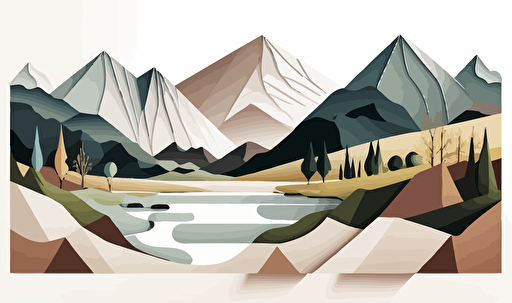 mountain and river in a landscape, geometric, flat, vectors, minimalistic, white background with empty spaces on top