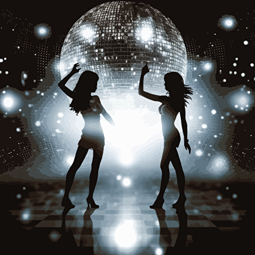 vector art, two gorgeous girls in black and silver bikinis dancing in a disco:: disco lights and mirror ball, Hed Kandi style, bokeh effect