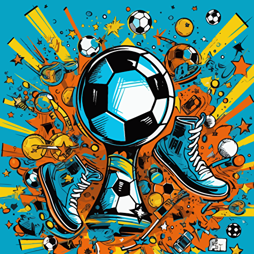 Create a vector image illustration with a soccer theme that depicts various elements such as soccer balls, sneakers, soccer players, and trophies floating in the air. Use bright and vibrant colors and add a thin black outline to the elements to make them stand out. Make sure that the image captures the energy and excitement of a soccer game while showcasing the various elements in a fun and engaging way