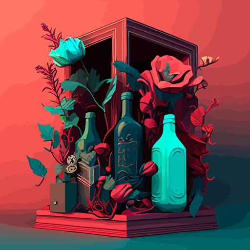 a collection of bottles and flowers on an empty crate, in the style of surreal illustrations, 2D, vectorial illustration, architectural illustrator, light red and cyan, dinocore, videogame, witchy academia