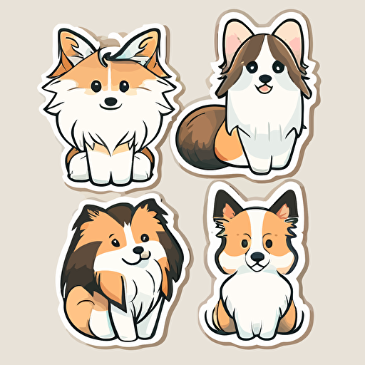 kawaii, four animals, white mancoon, brown calico, wolf dog, Rough Collie, sticker, vector, white background, contour, cartoon style