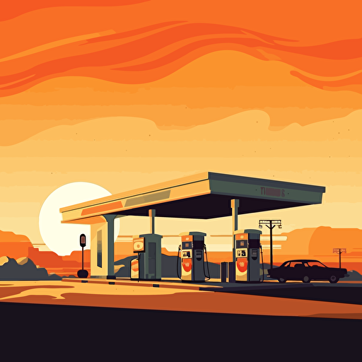 gas station in desert, sunny, silhouette, mondo poster, minimal illustration, vector art, dkng style, 5 retro colours, minimal, not too detailed, hard shapes,
