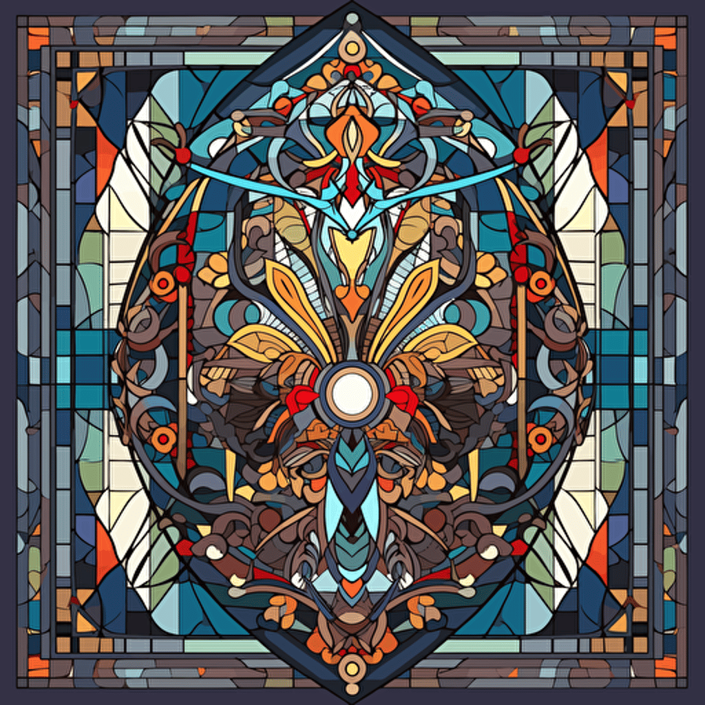 a colorful stained glass vector, in the style of contemporary middle eastern and north african art, symmetrical composition, patrick brown, shaped canvas, bamileke art, reimagined religious art, melancholic symbolism